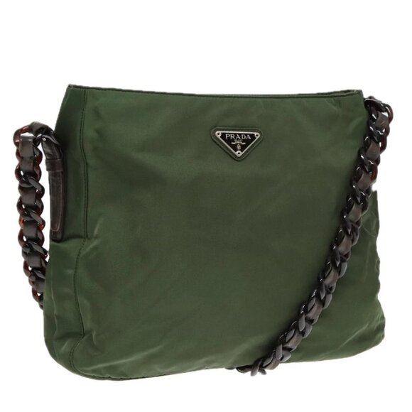 PRADA Chain Shoulder Bag Nylon Plastic Leather Khaki Brown Silver - Picture 1 of 15